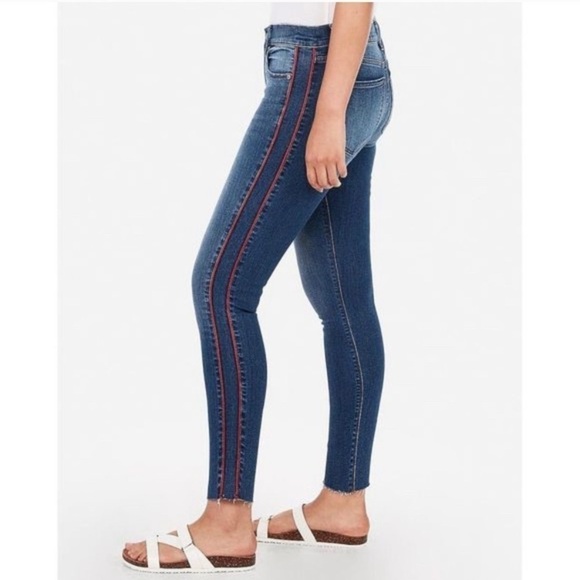 Express Ankle Legging Mid Rise Red Stripe Raw Hem - Picture 1 of 10